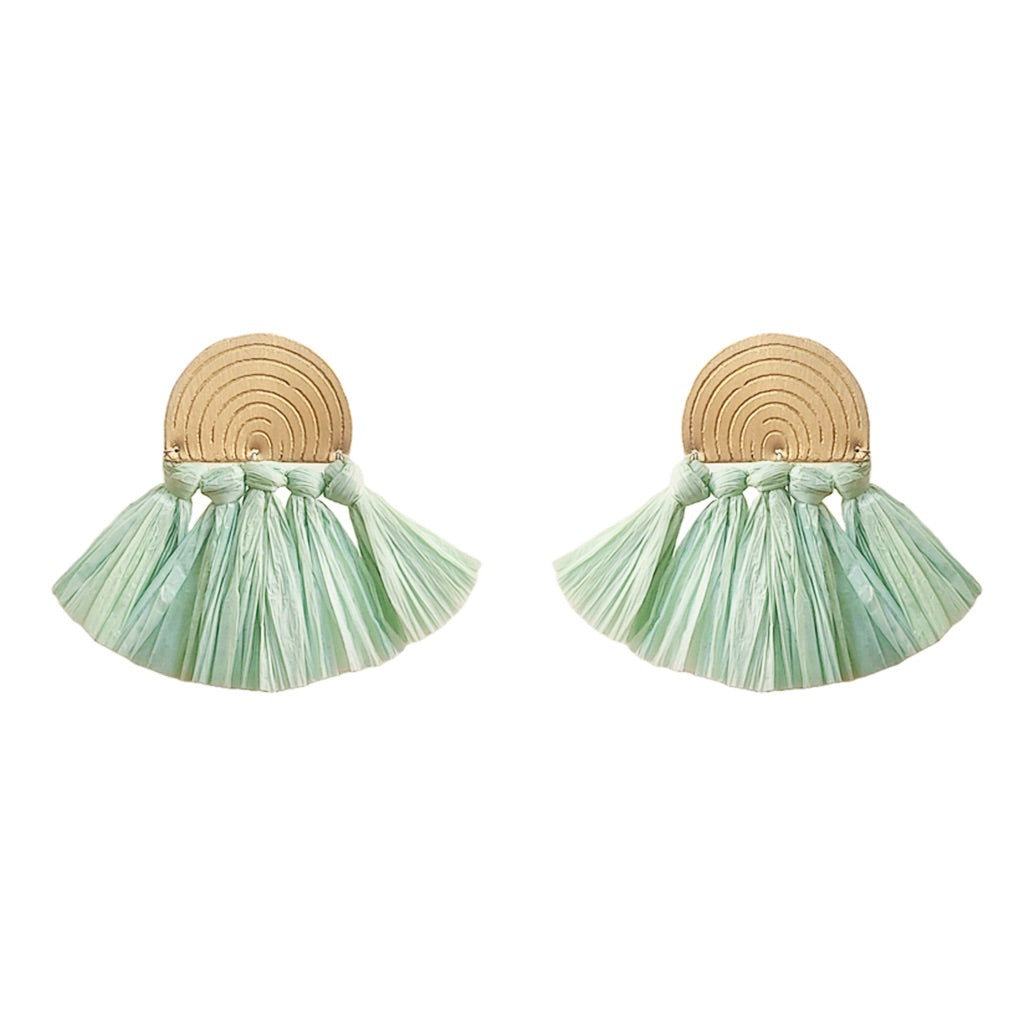 Sea Green Raffia Fan Earrings Lightweight Boho Brass Dangle Summer Jewelry