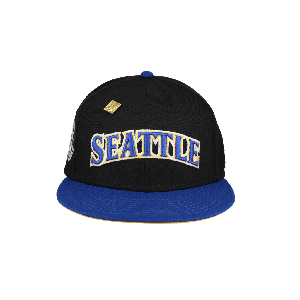 Seattle Mariners Script compass Logo Black New Era 59Fifty Fitted Hat