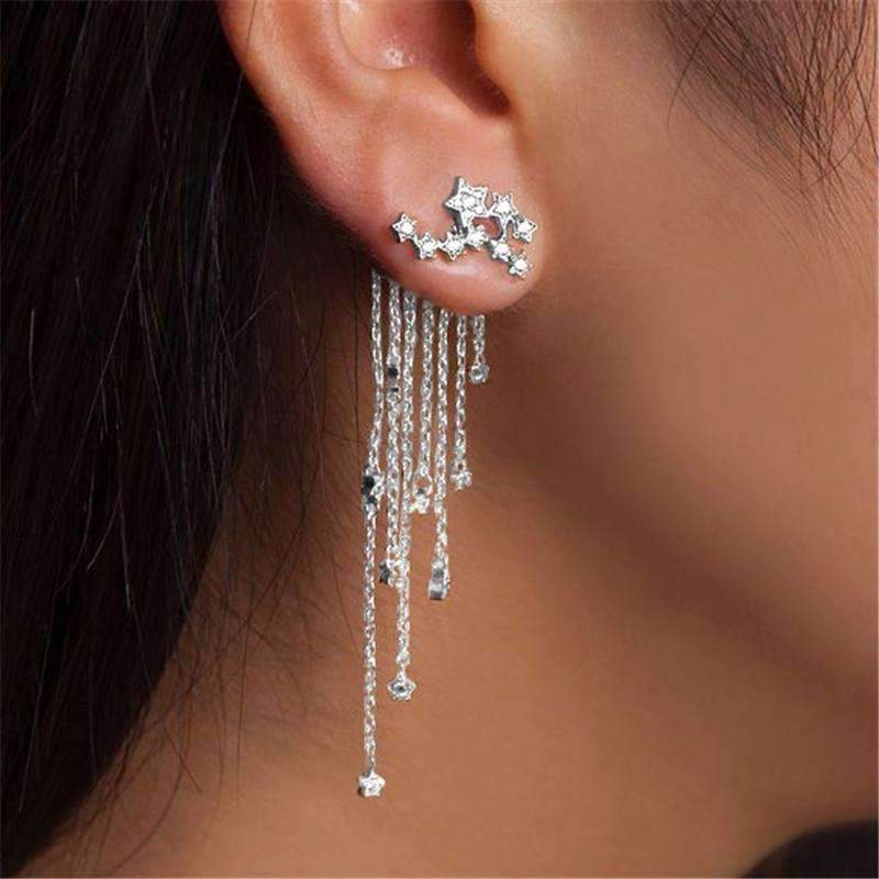 Shooting Star Drop Earrings Silver CZ Cascading Chains