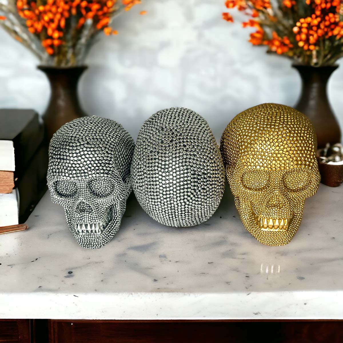 Silver Resin Beaded Skull Decor Gothic Bookend Accent