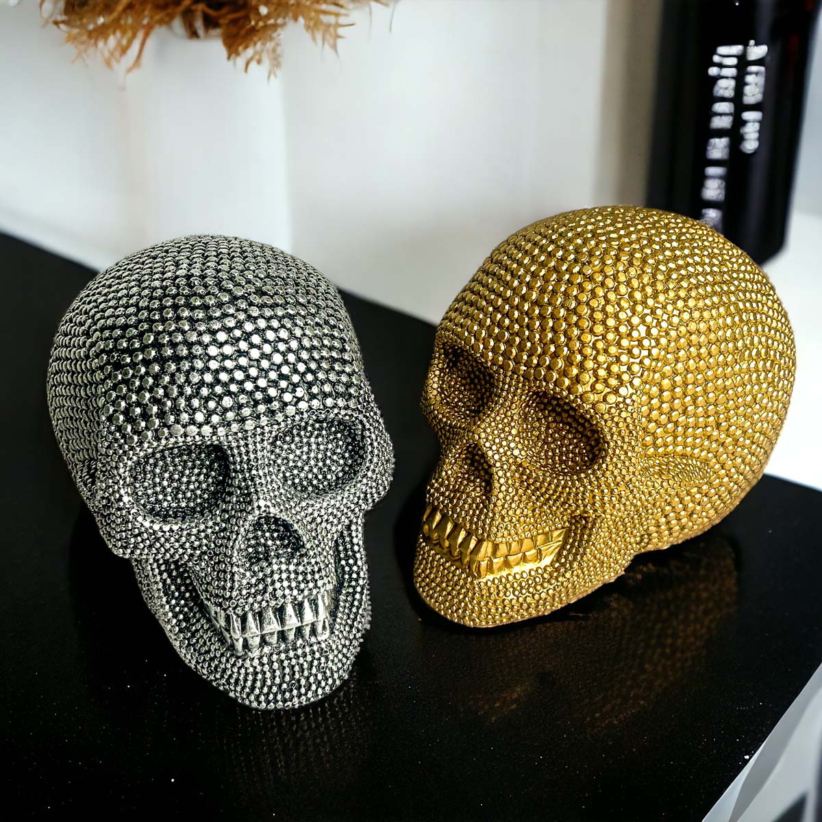 Silver Resin Beaded Skull Decor Gothic Bookend Accent