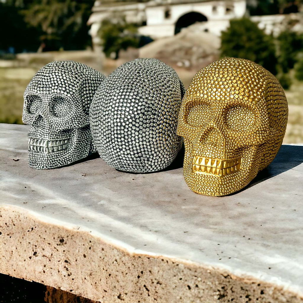 Silver Resin Beaded Skull Decor Gothic Bookend Accent