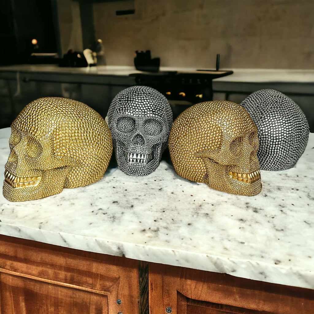Silver Resin Beaded Skull Decor Gothic Bookend Accent