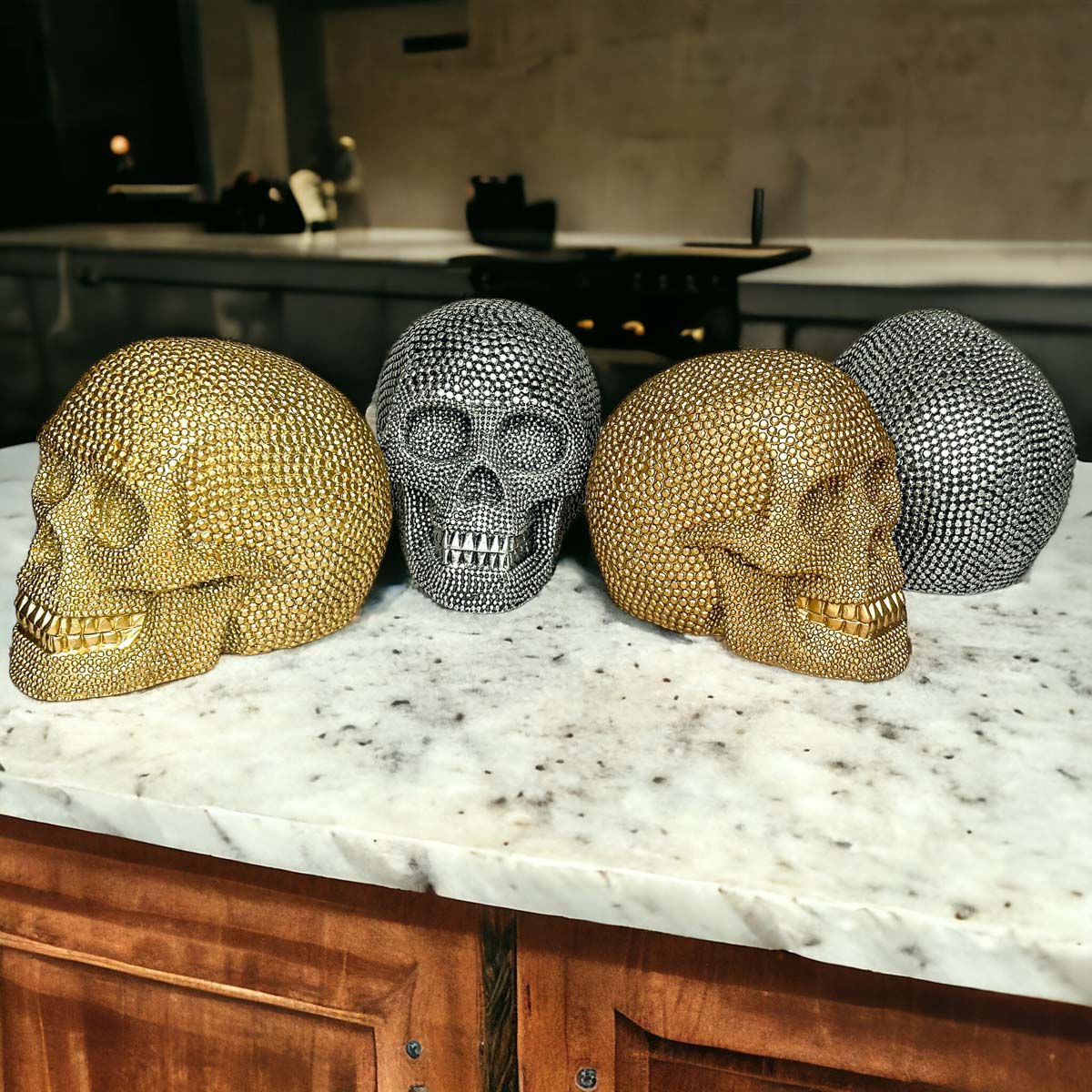 Silver Resin Beaded Skull Decor Gothic Bookend Accent