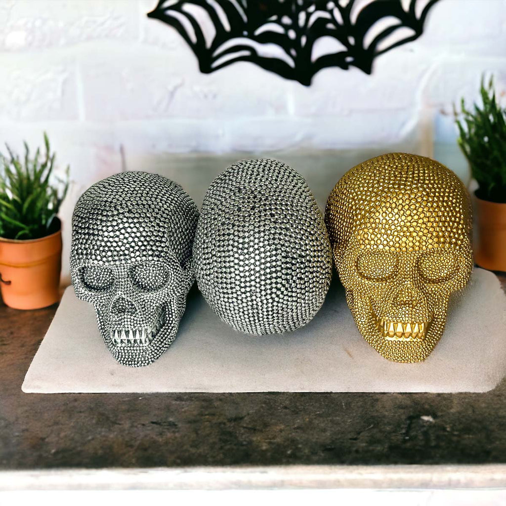 Silver Resin Beaded Skull Decor Gothic Bookend Accent