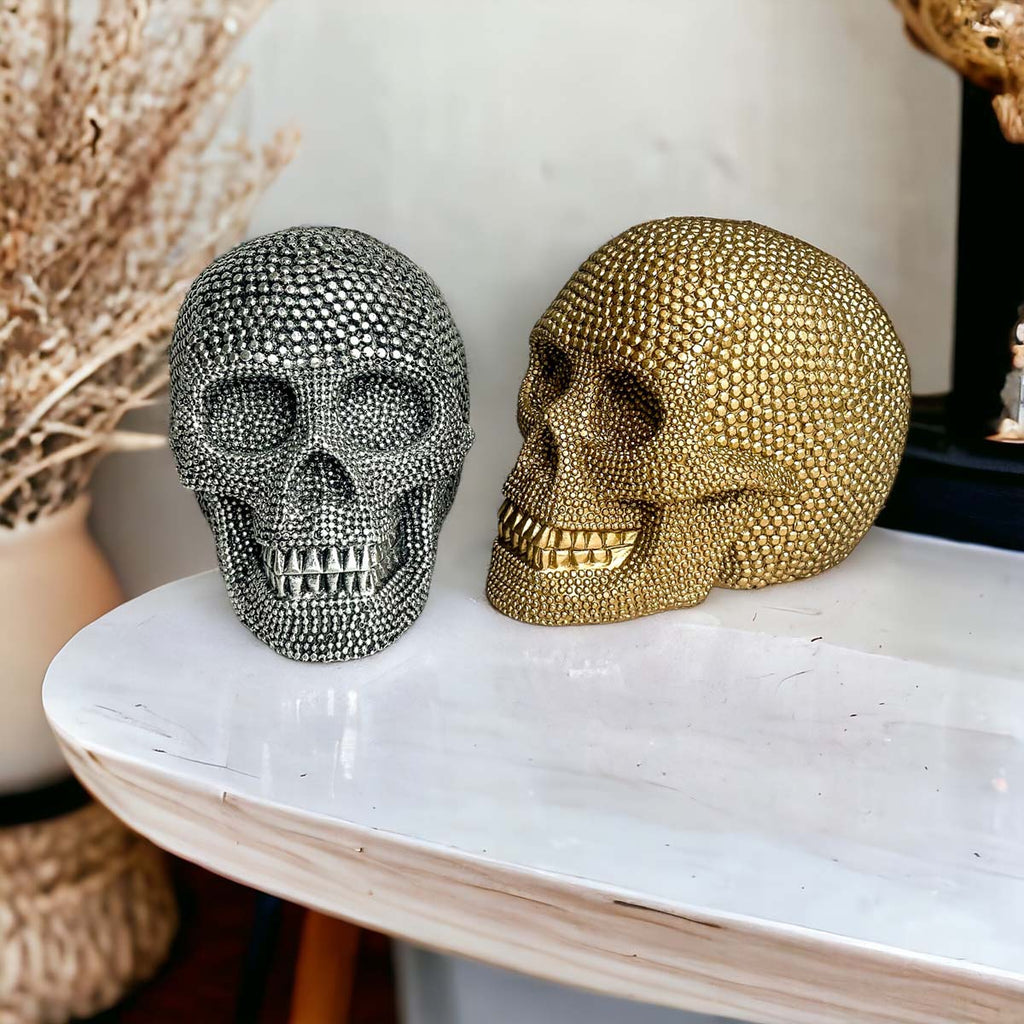 Silver Resin Beaded Skull Decor Gothic Bookend Accent