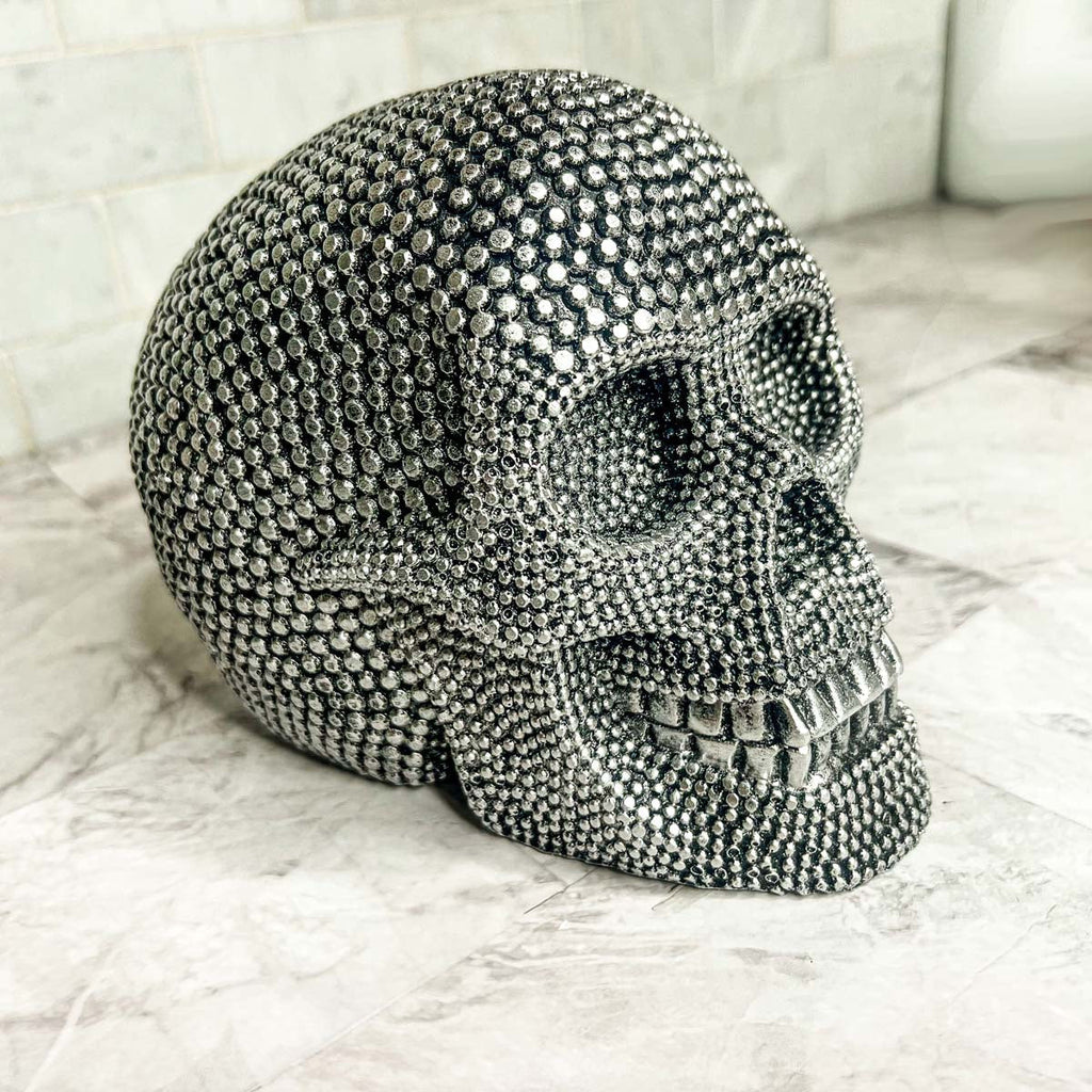 Silver Resin Beaded Skull Decor Gothic Bookend Accent