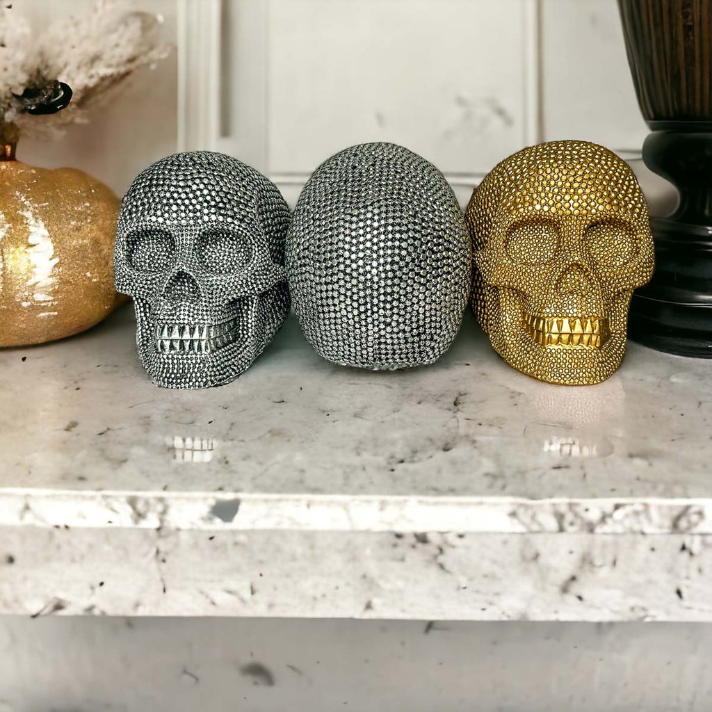 Silver Resin Beaded Skull Decor Gothic Bookend Accent
