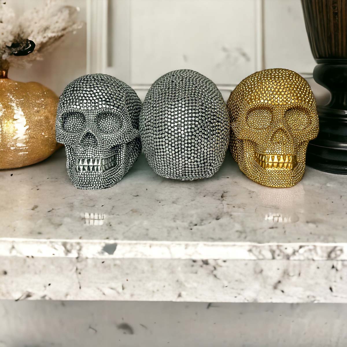 Silver Resin Beaded Skull Decor Gothic Bookend Accent