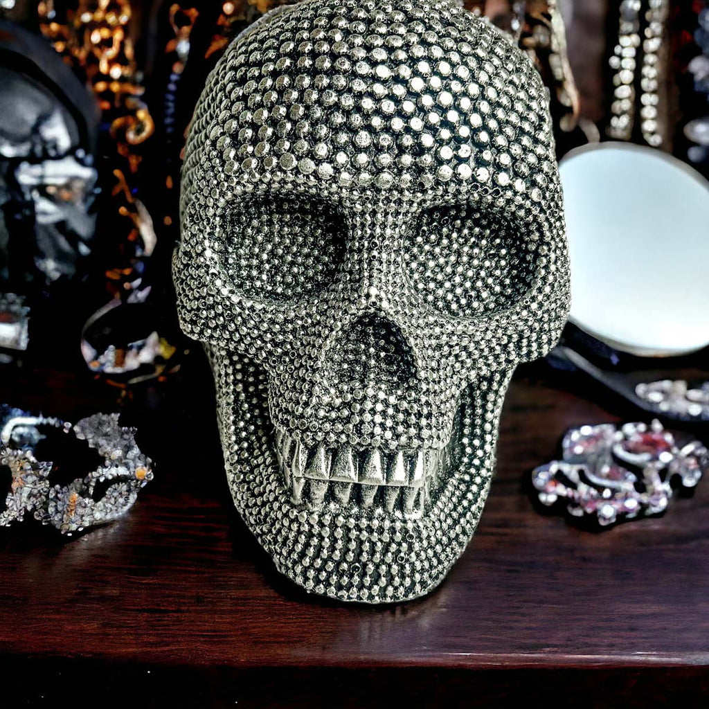 Silver Resin Beaded Skull Decor Gothic Bookend Accent