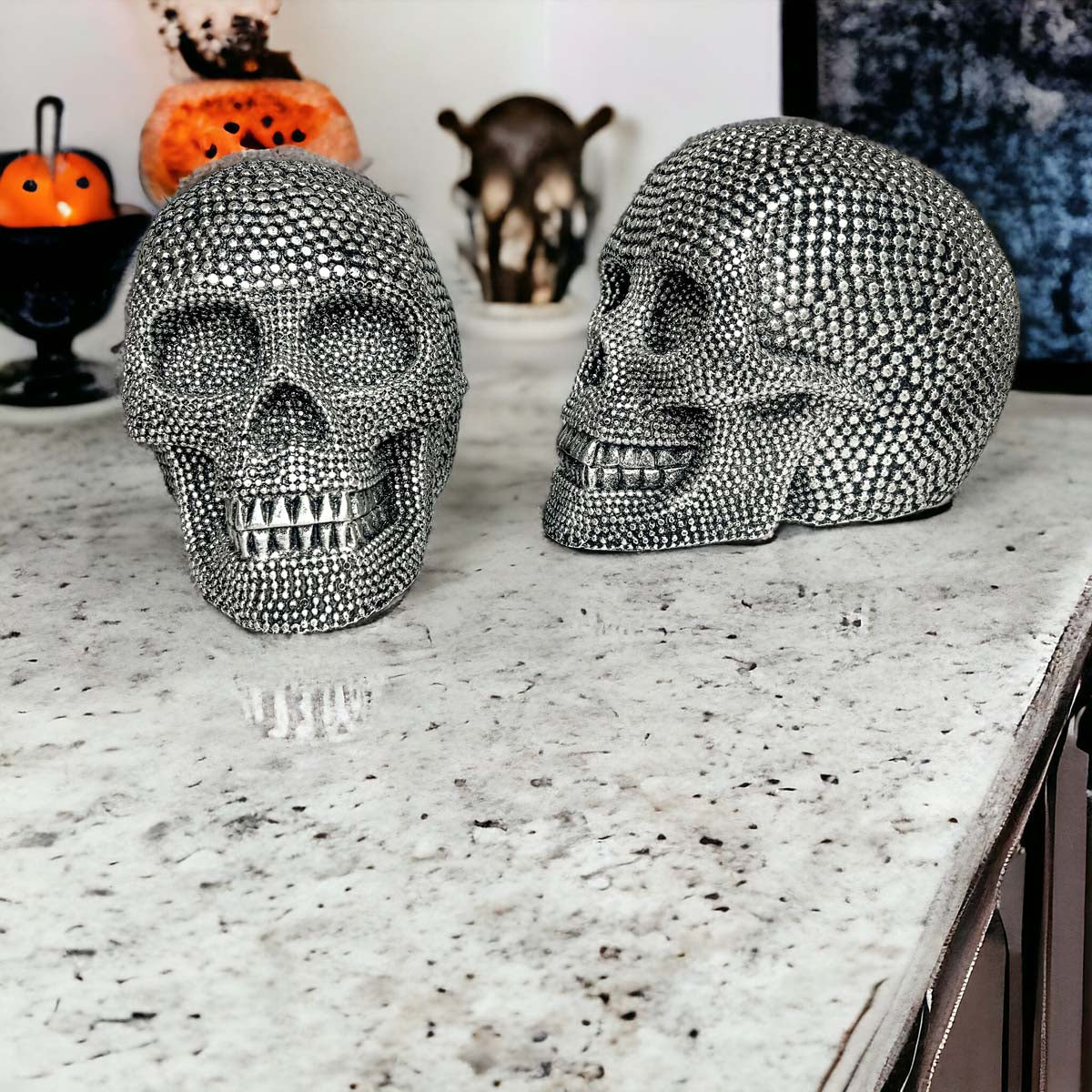Silver Resin Beaded Skull Decor Gothic Bookend Accent