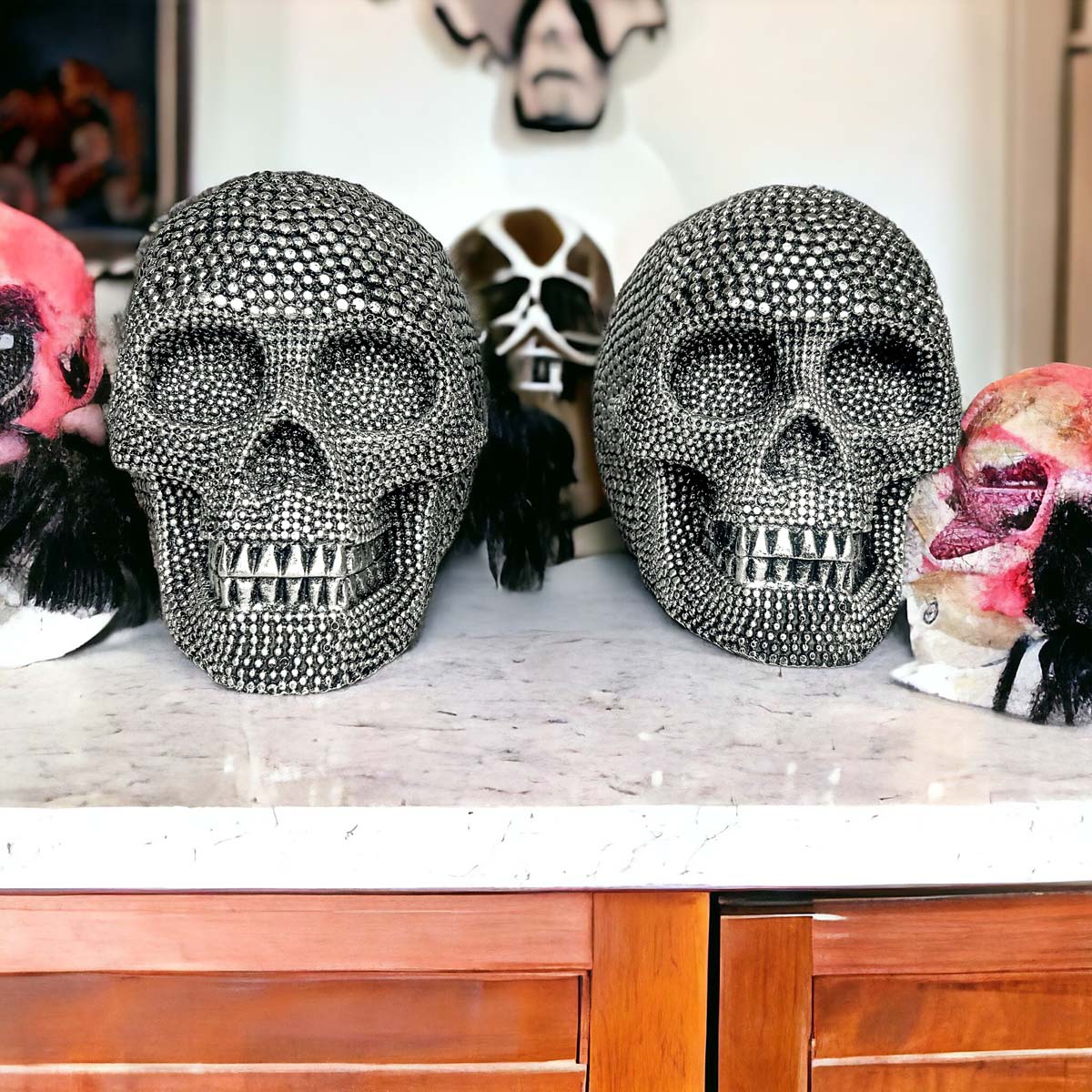 Silver Resin Beaded Skull Decor Gothic Bookend Accent