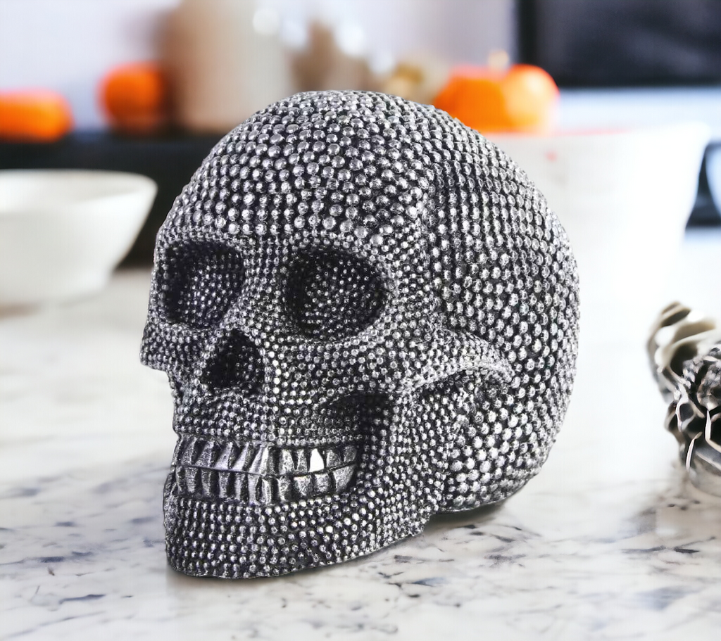 Silver Resin Beaded Skull Decor Gothic Bookend Accent