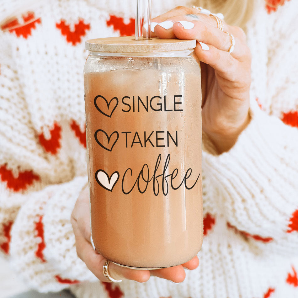 20oz Coffee Glass Cup With Bamboo Lid - Single Taken Coffee Heart Design