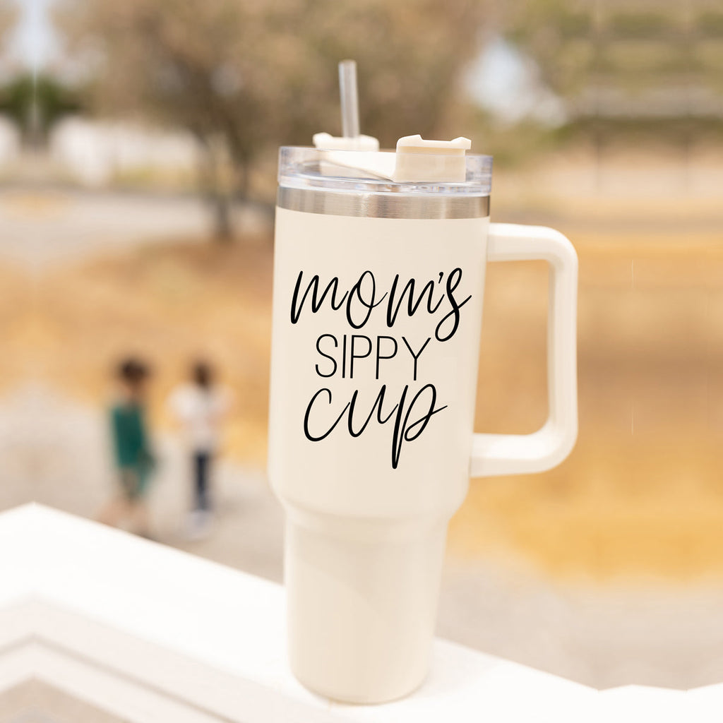 Mom Sippy Cup 40oz Insulated Travel Mug With Handle Lid And Straw