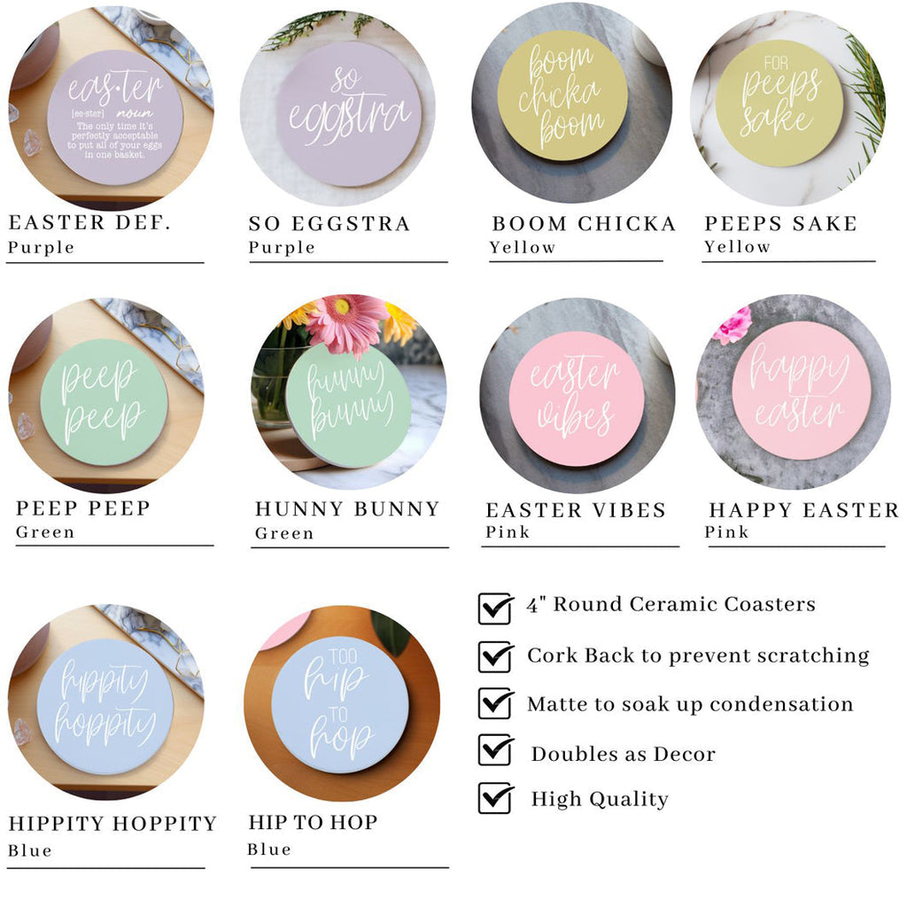 Easter Spring Ceramic Coasters 4in Set Cute Floral Bunny Drink Table Coasters