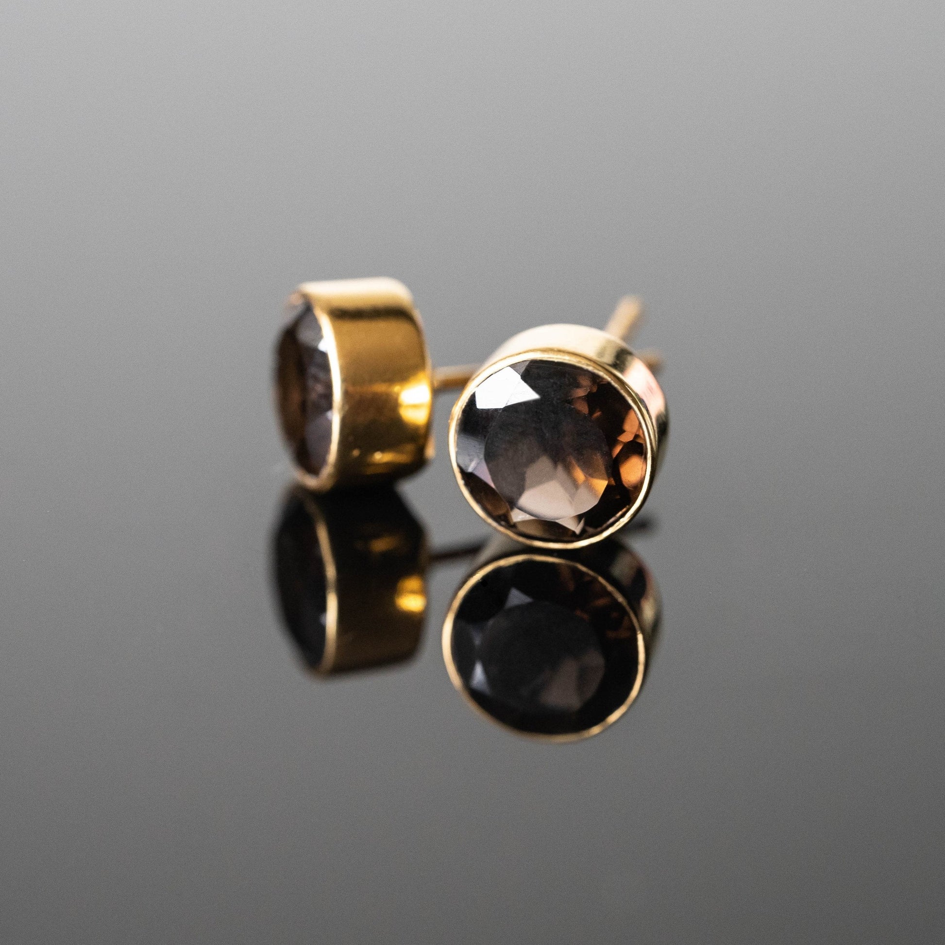 Smoky Quartz Round Stud Earrings Gold Plated 6mm Posts