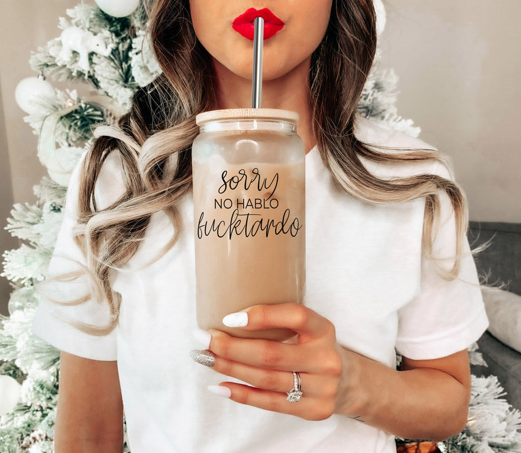 No Hablo 17oz Glass Tumbler With Bamboo Lid, 2 Stainless Straws And Cleaner