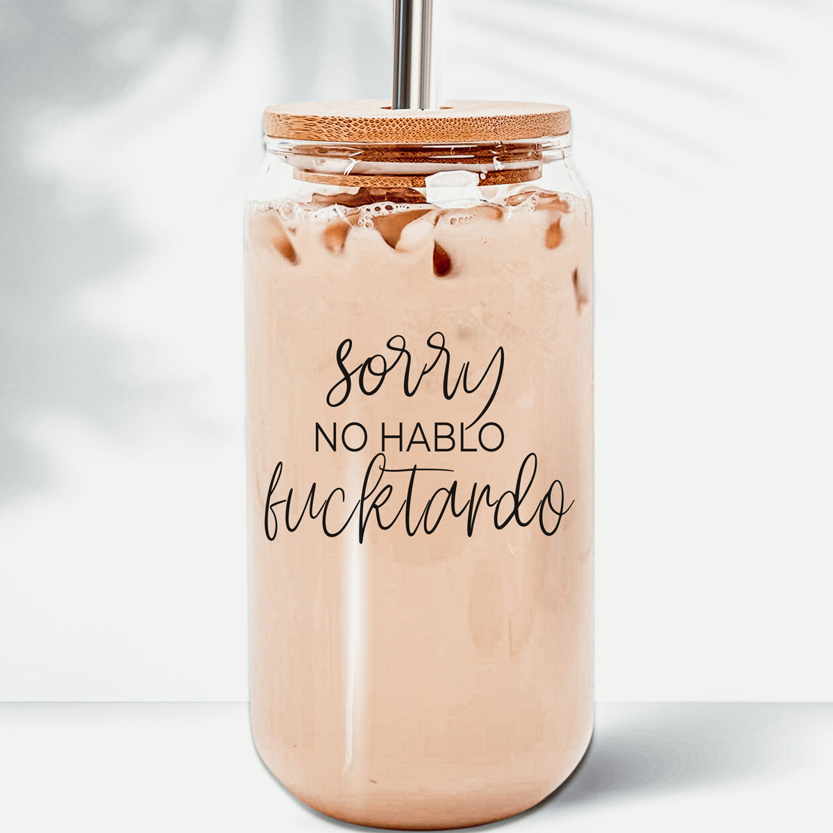 No Hablo 17oz Glass Tumbler With Bamboo Lid, 2 Stainless Straws And Cleaner