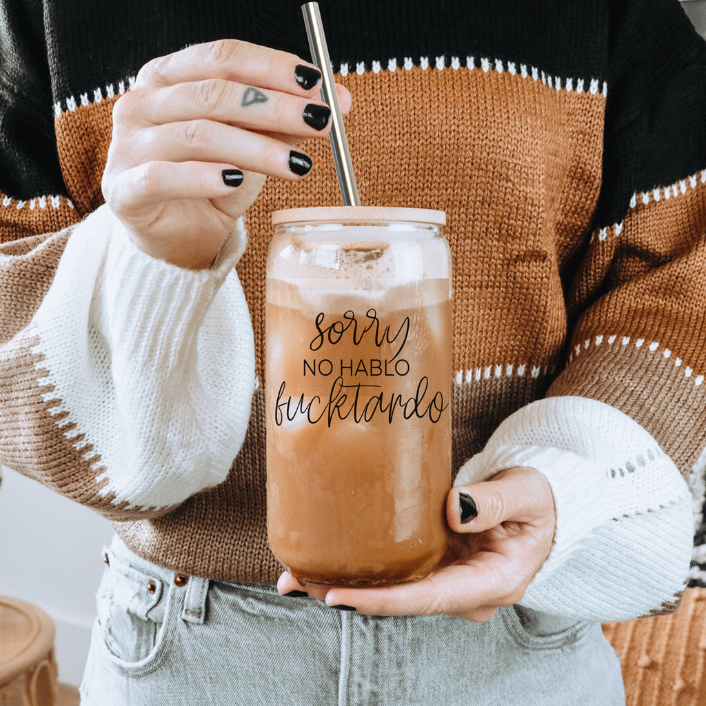 No Hablo 17oz Glass Tumbler With Bamboo Lid, 2 Stainless Straws And Cleaner