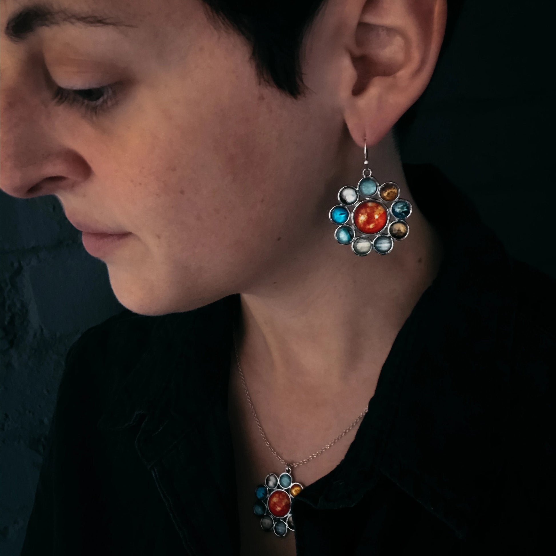 Solar System Halo Necklace And Earrings Jewelry Set