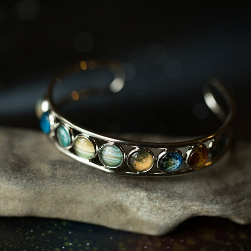 Solar System Silver Bangle Bracelet Adjustable Celestial