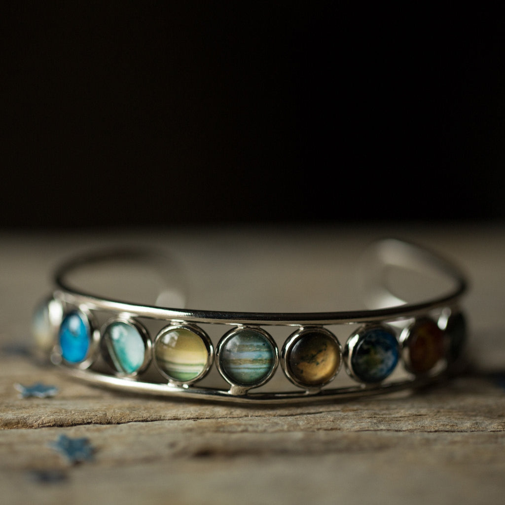 Solar System Silver Bangle Bracelet Adjustable Celestial