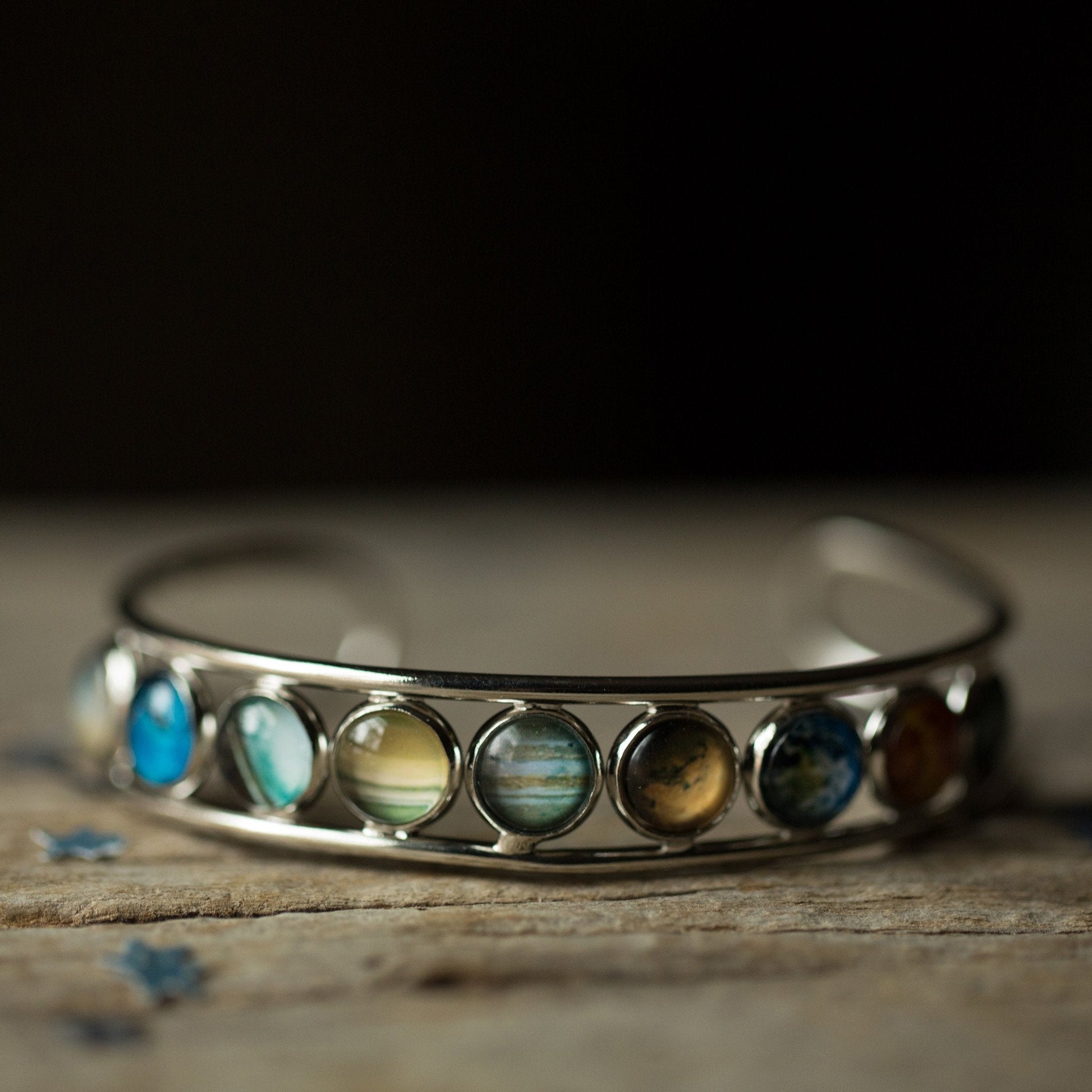 Solar System Silver Bangle Bracelet Adjustable Celestial