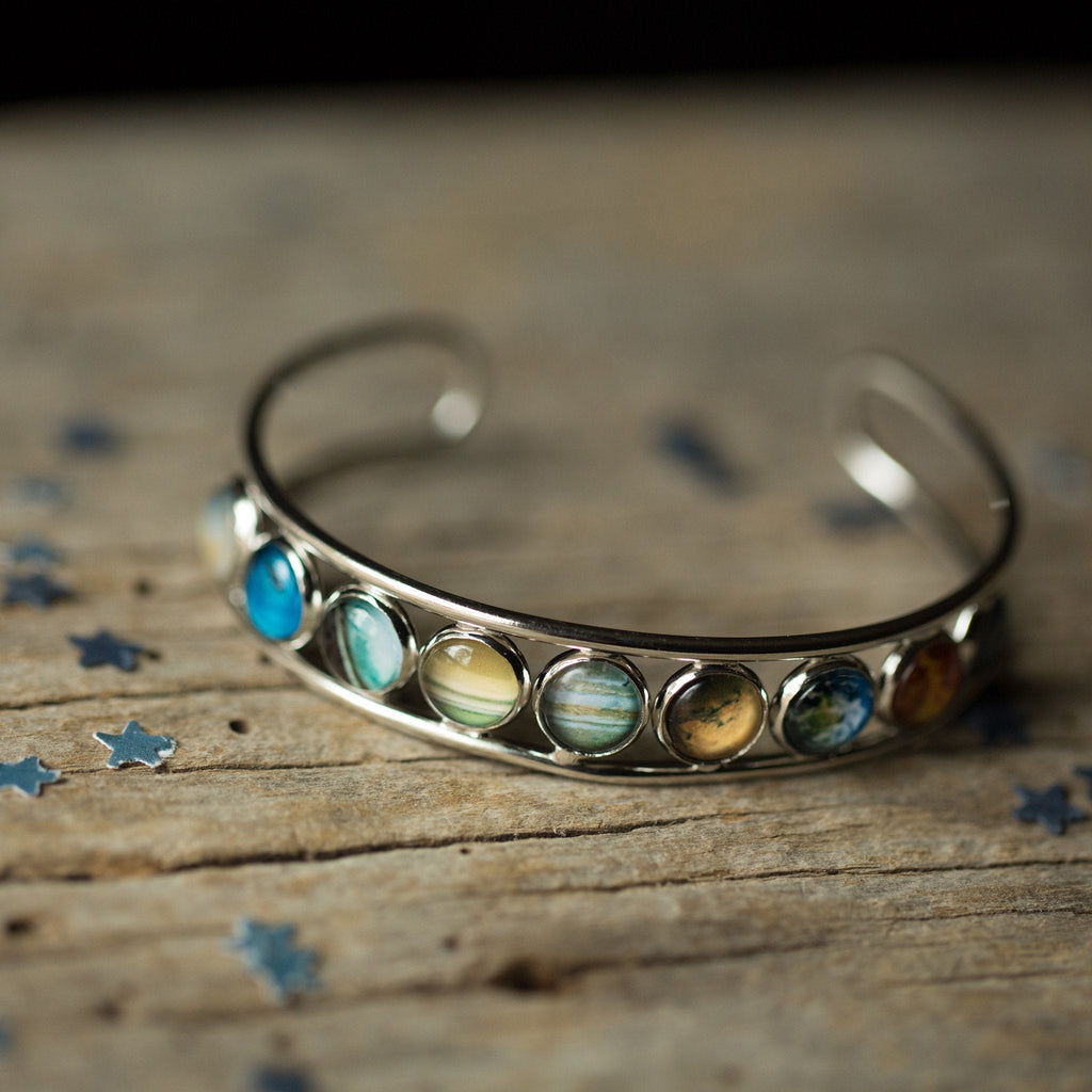 Solar System Silver Bangle Bracelet Adjustable Celestial
