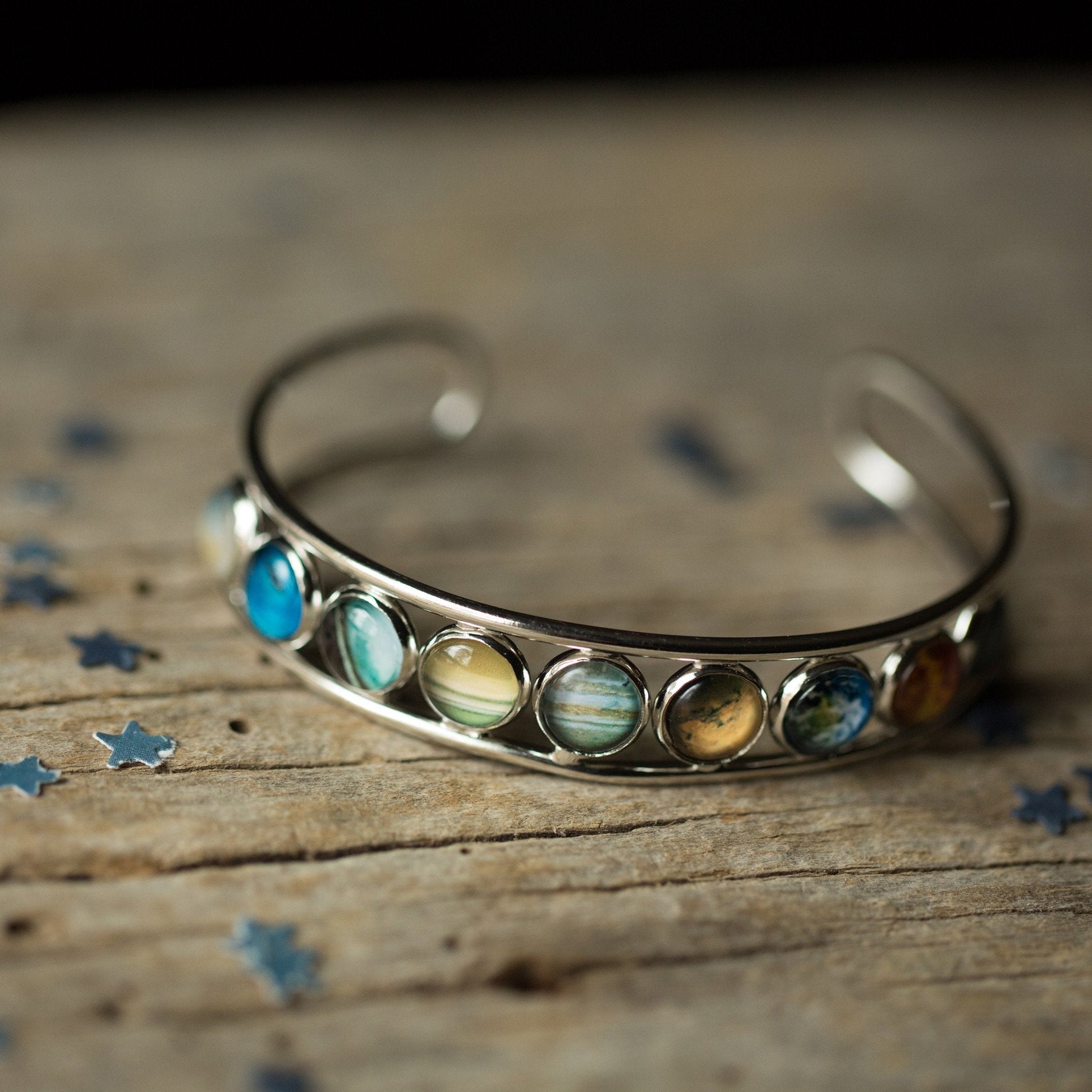 Solar System Silver Bangle Bracelet Adjustable Celestial
