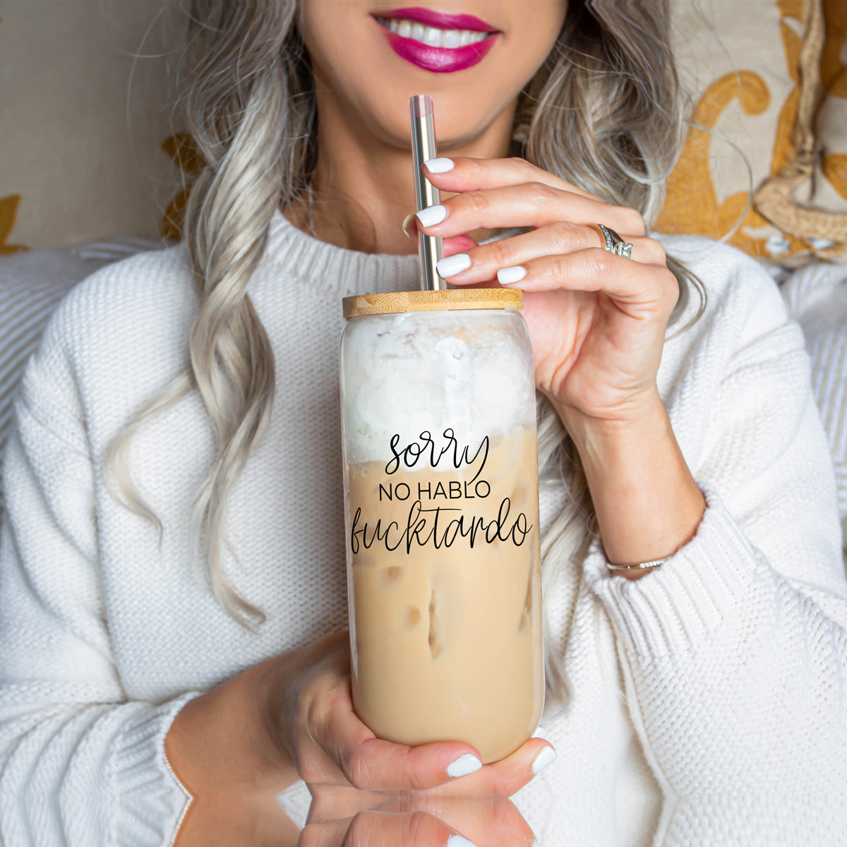 No Hablo 17oz Glass Tumbler With Bamboo Lid, 2 Stainless Straws And Cleaner