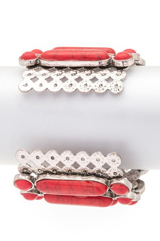 Southwest Red Stone Cuff Bracelet Silver Tone Western