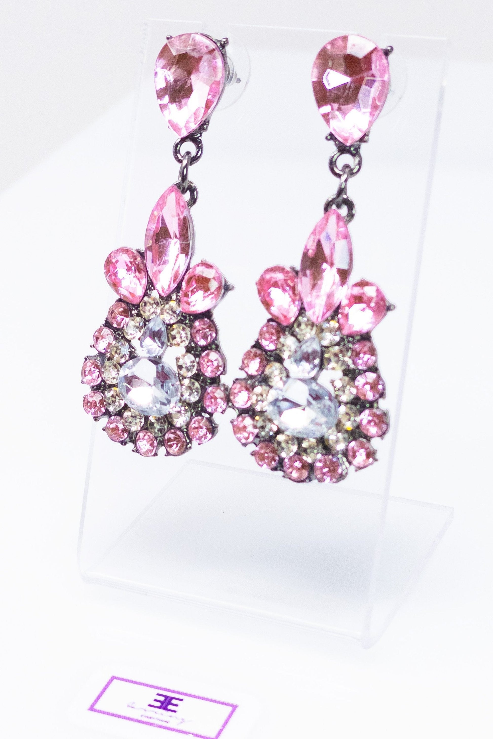 Sparkling Pink Teardrop Dangle Earrings With Crystals