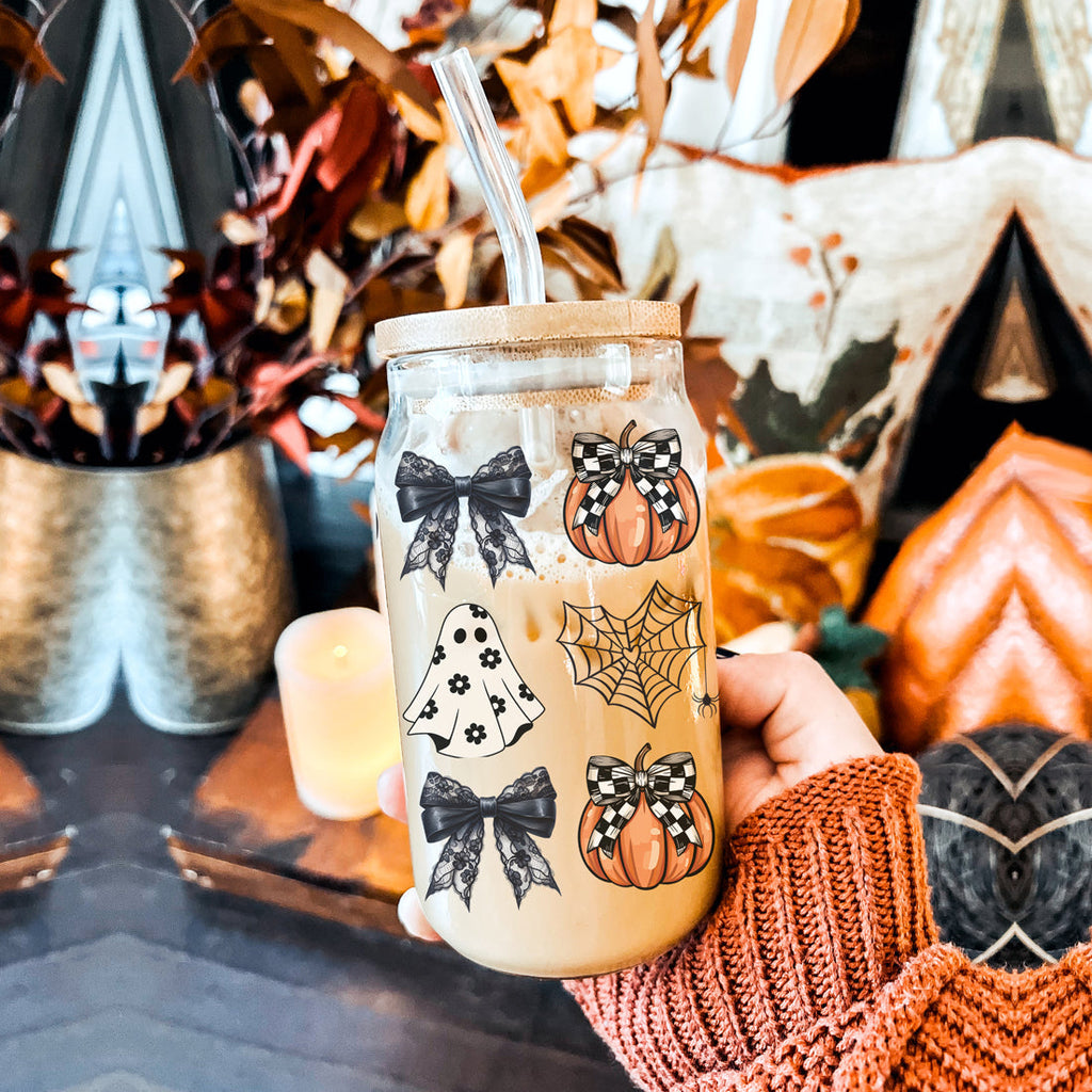Halloween 20oz Glass Tumbler Bamboo Lid Stainless Straws Straw Cleaner