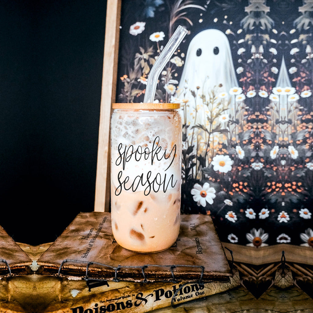 Hocus Pocus I Need Coffee 20oz Glass Tumbler Bamboo Lid 2 Stainless Straws