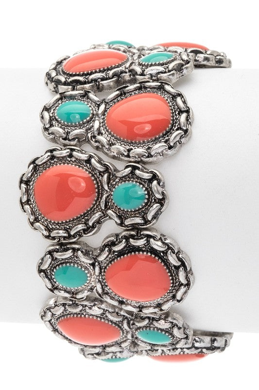 Squash Blossom Western Stretch Bracelet Coral Turquoise