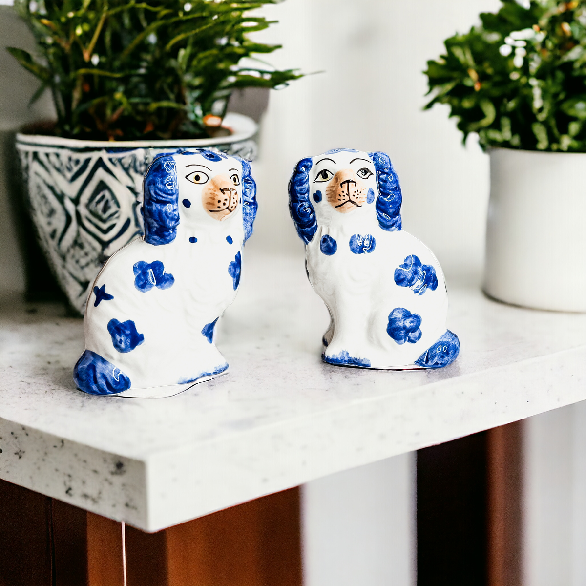 Staffordshire Dog Salt And Pepper Shakers Ceramic Hand-Painted Blue White