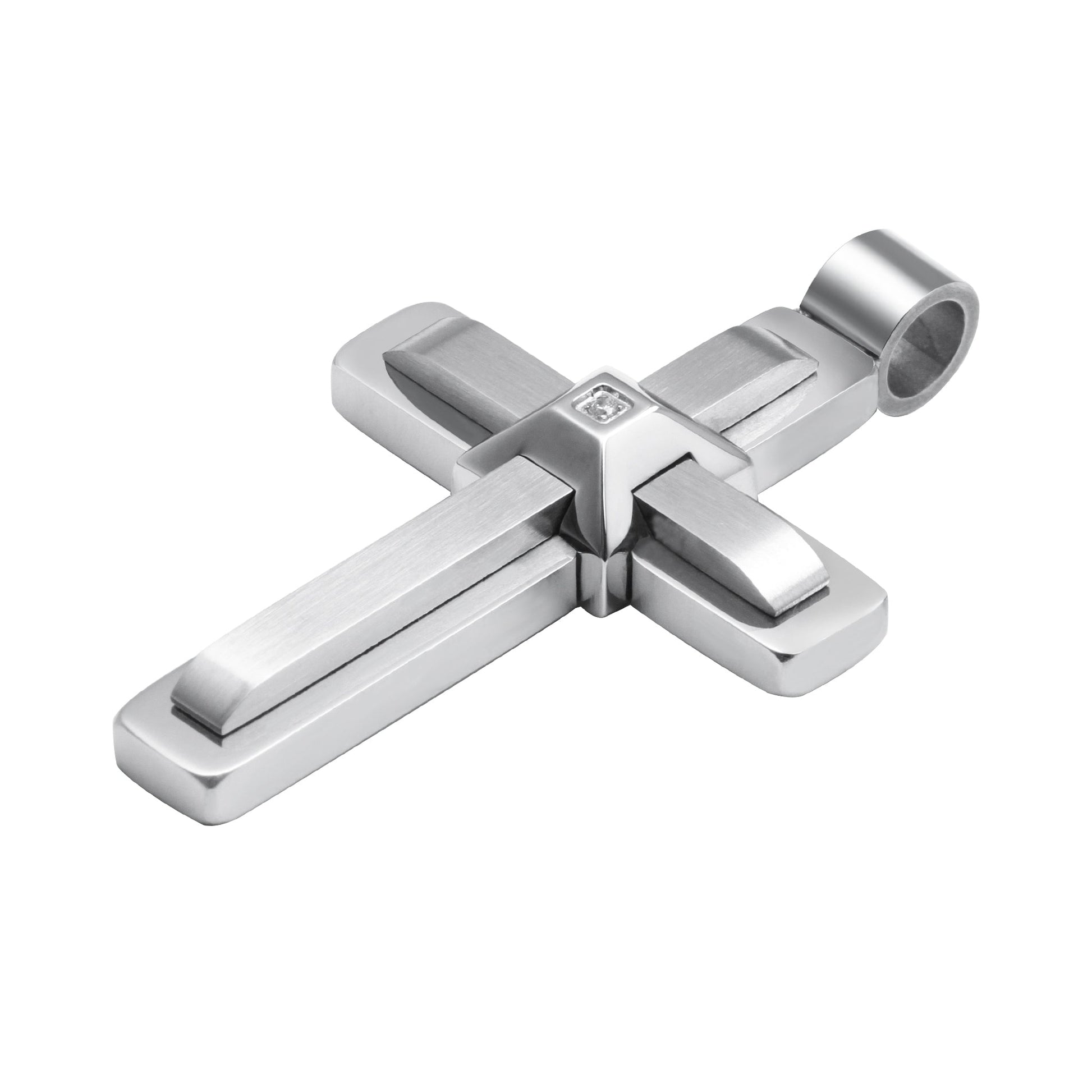 Stainless Steel Cross Pendant With Brushed Center Crystal
