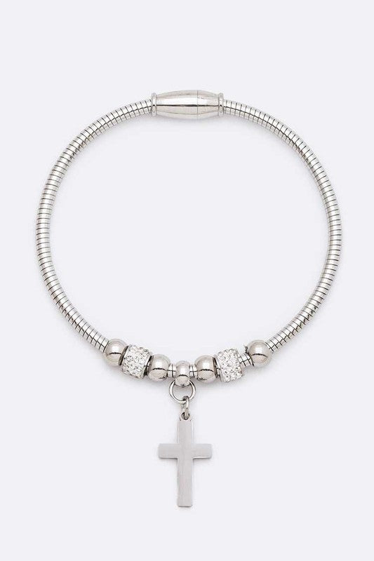 Stainless Steel Magnetic Cross Charm Bracelet 7 Inch