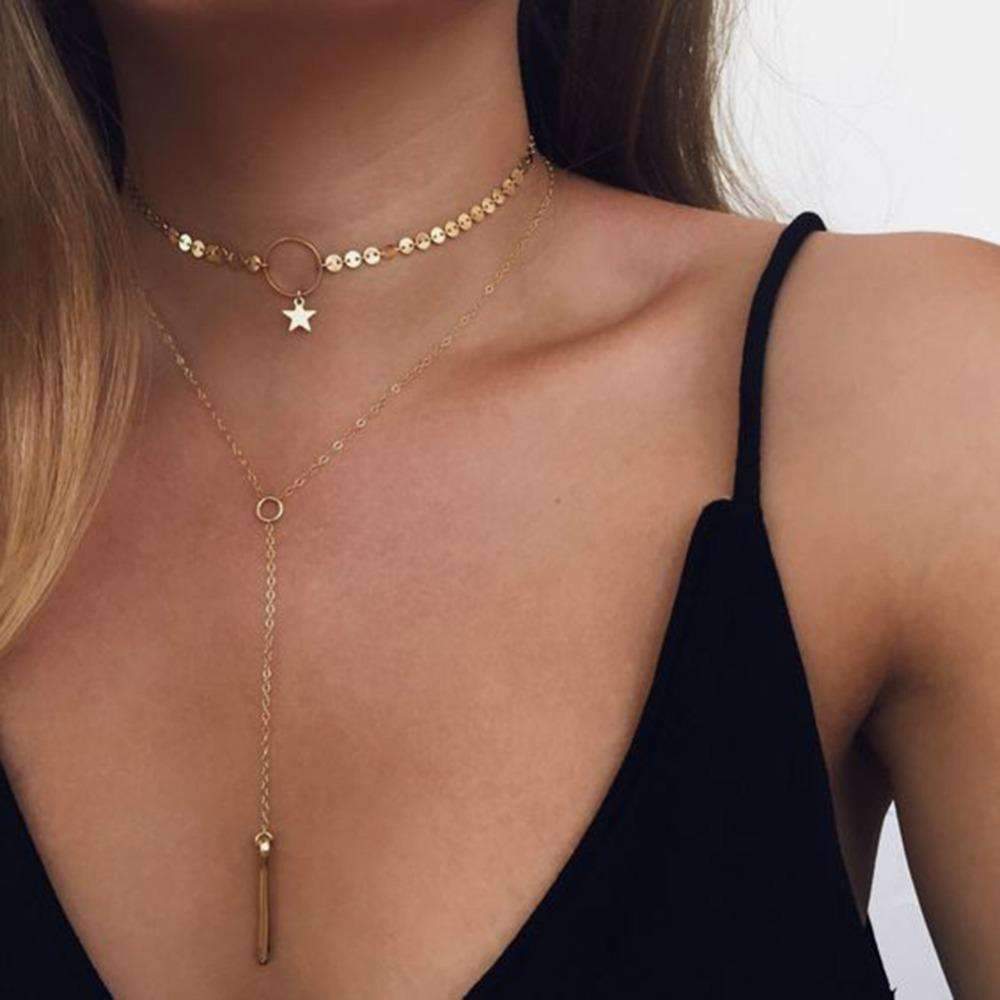 Star Lariat Choker Necklace Gold Layered Y Necklace
