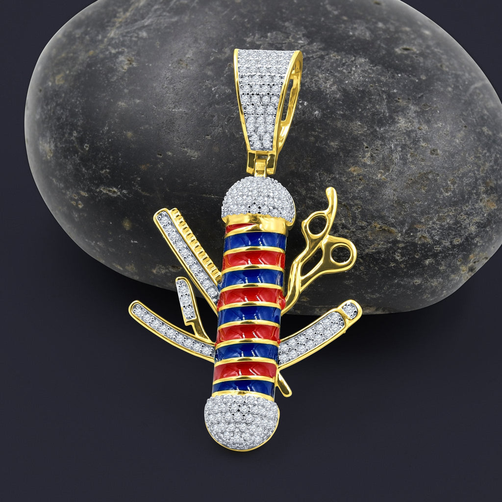 Sterling 925 CZ Enamel Sword Armor Pendant Barber Tools