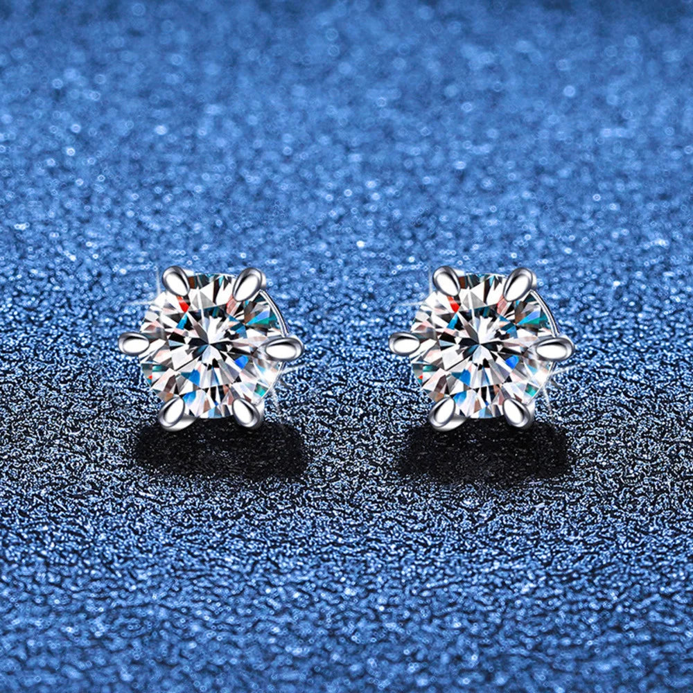 Sterling Silver 925 1ct Moissanite 6-Claw Stud Earrings Unisex Magnetic Hole