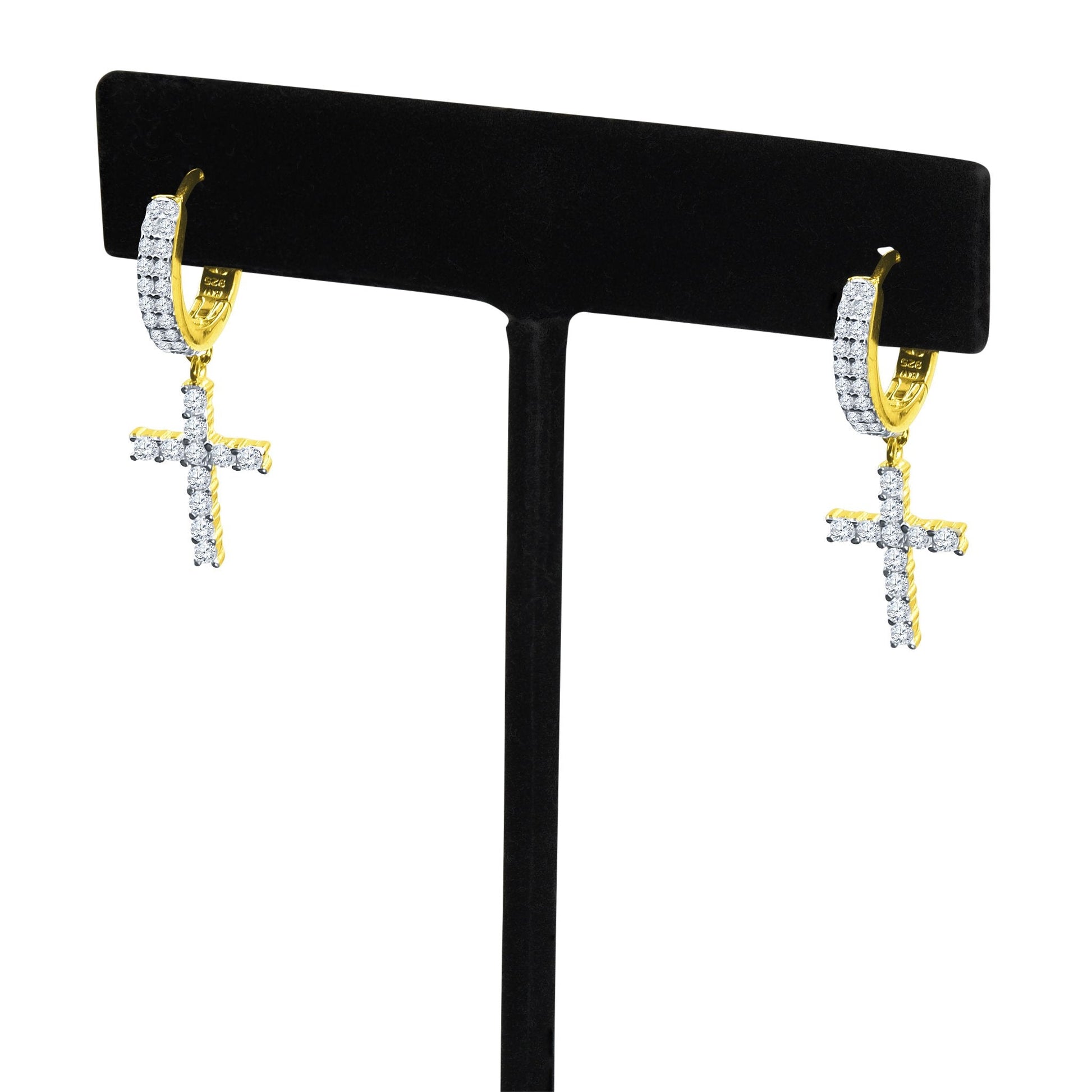 Sterling Silver 925 CZ Cross Huggie Hoop Earrings Elegant