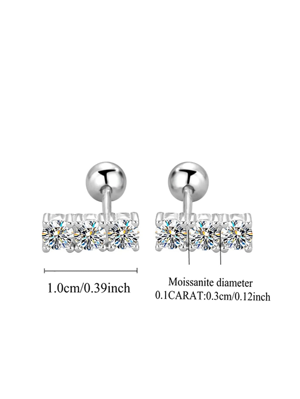 Sterling Silver 925 Moissanite Stud Earrings 0.6ct Total Straight Row