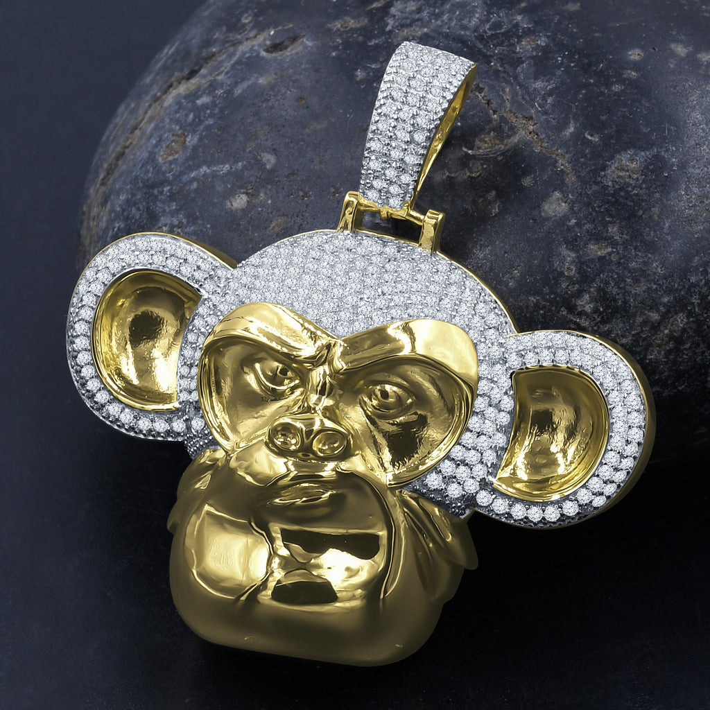 Sterling Silver CZ Beast Face Pendant Gold Accent Somatic Tribal Style Necklace