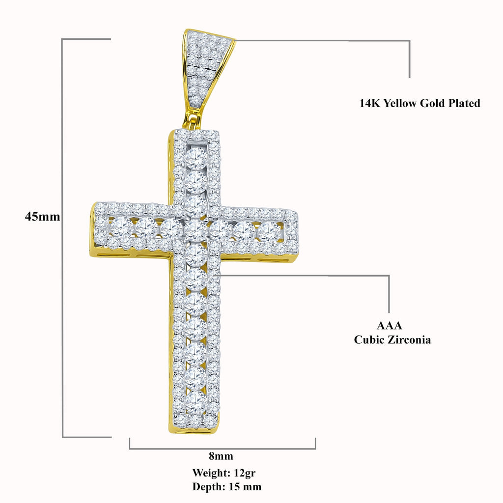 Sterling Silver CZ Double Cross Pendant Gold Edge Pave