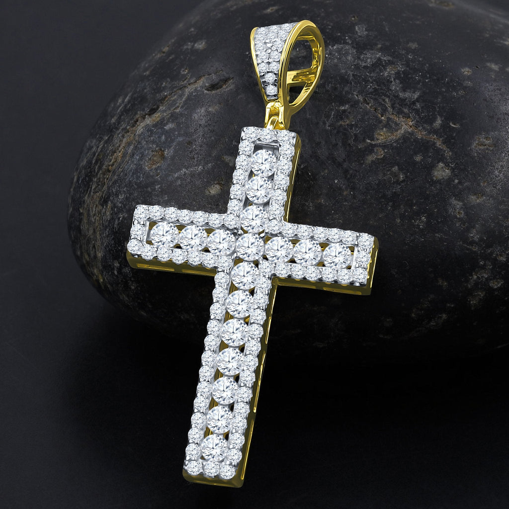 Sterling Silver CZ Double Cross Pendant Gold Edge Pave