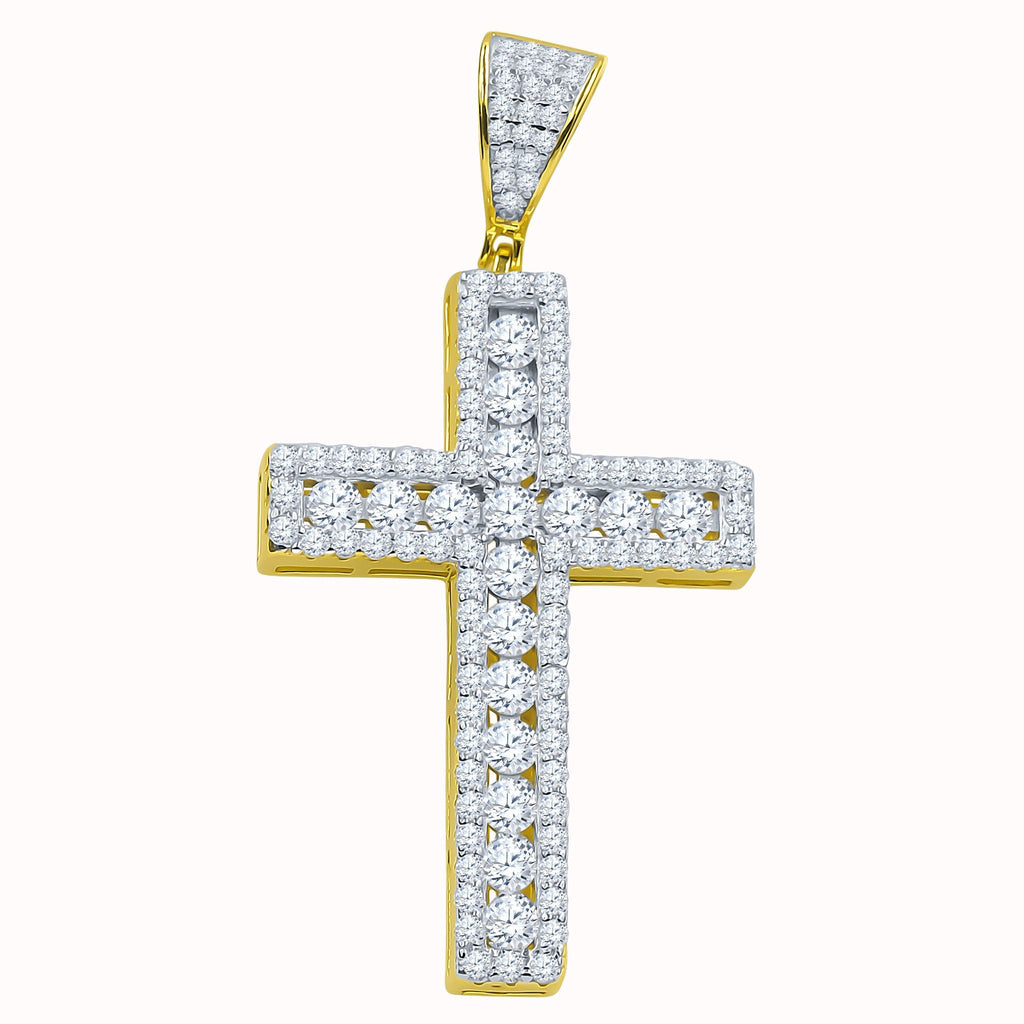 Sterling Silver CZ Double Cross Pendant Gold Edge Pave