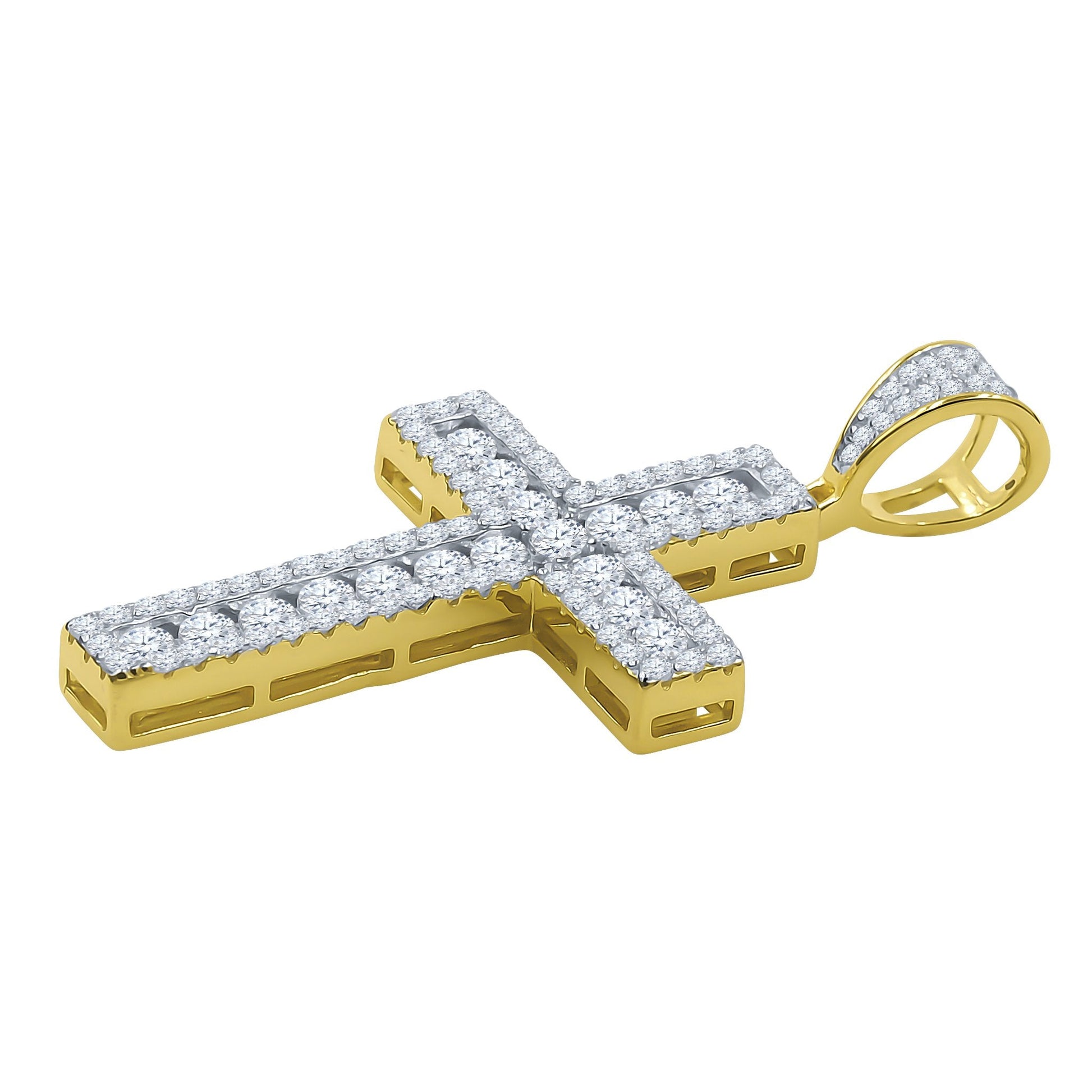 Sterling Silver CZ Double Cross Pendant Gold Edge Pave