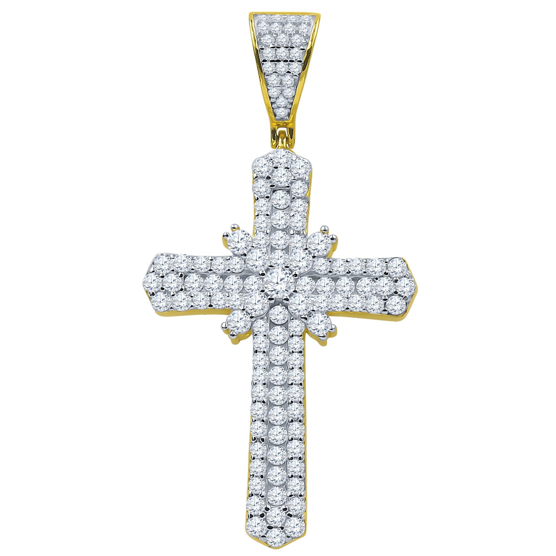 Sterling Silver CZ Double Cross Pendant Pave Gold Edge